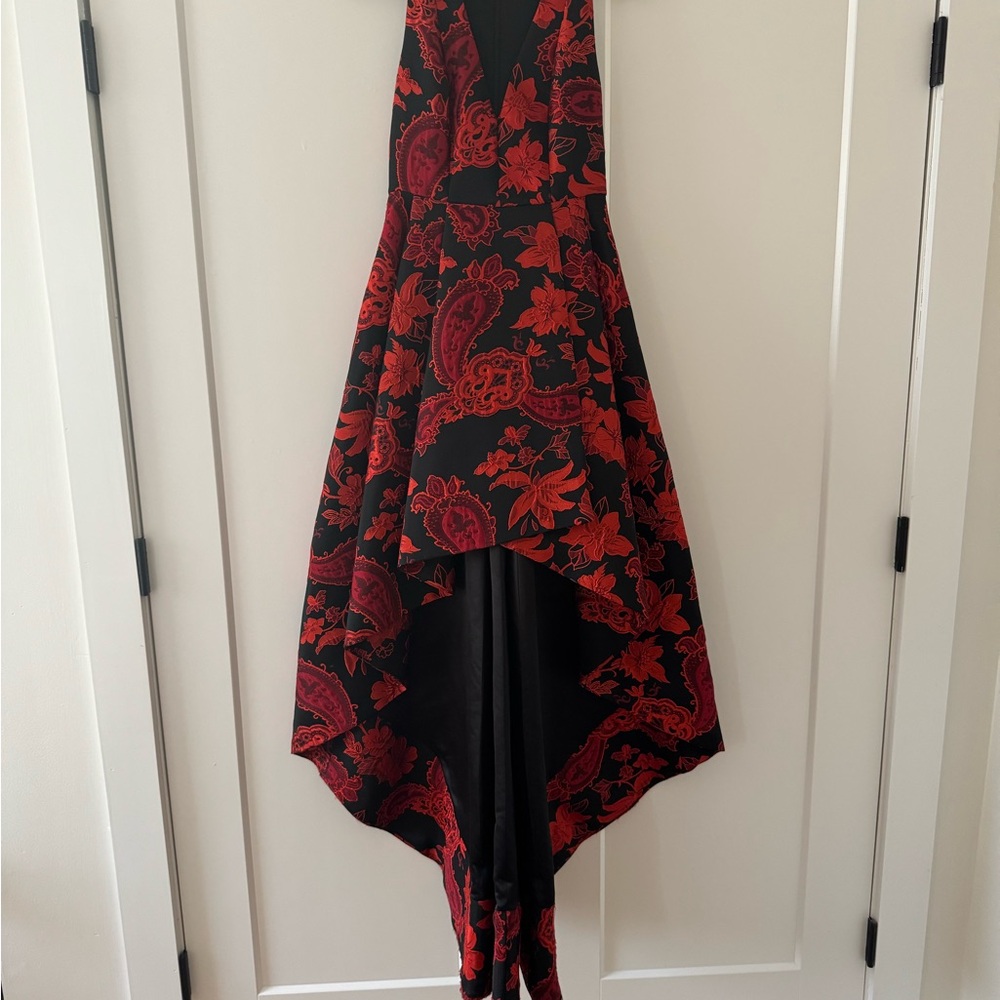Alice + Olivia Red Black Silk Brocade Hi-low gown